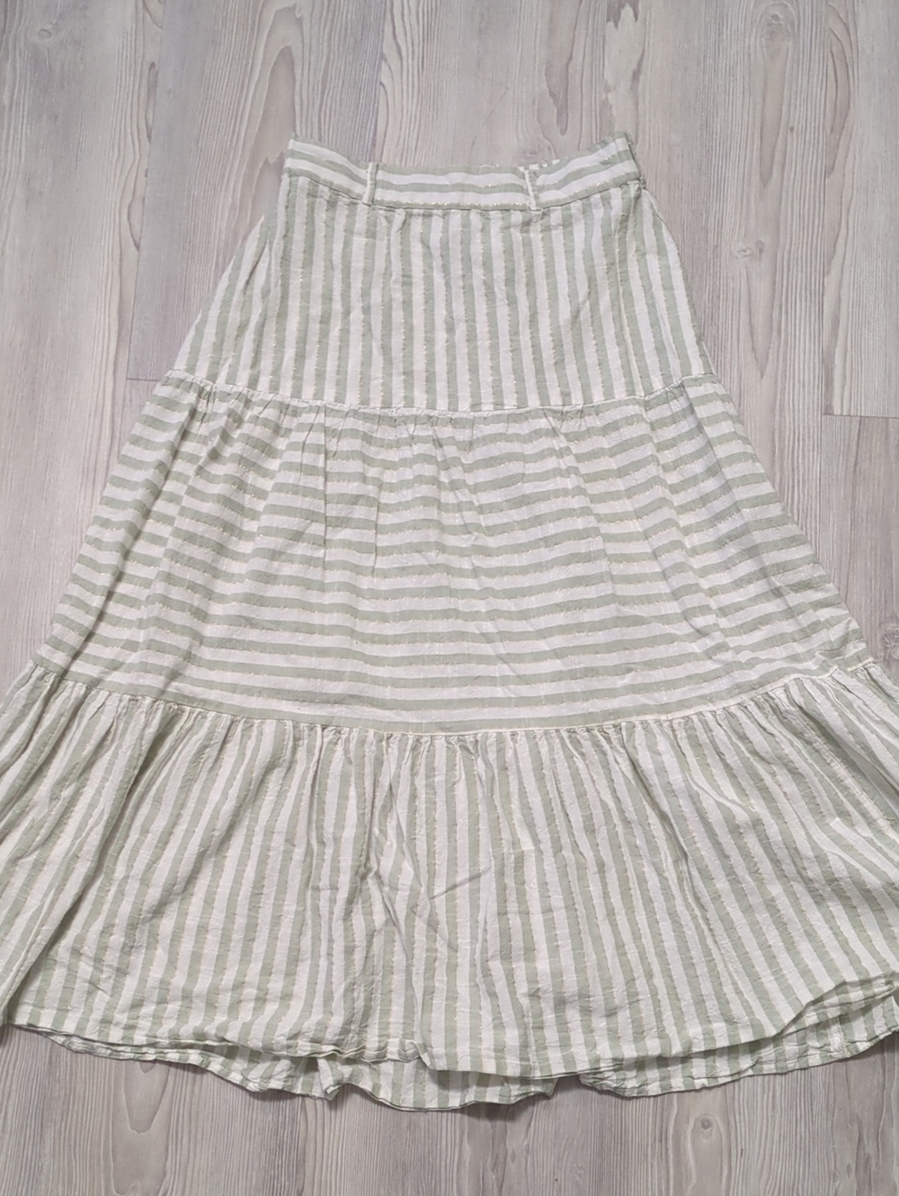 Truly 4 You Medium Sage Green Striped Tiered Cotton Maxi Skirt Metallic Gold